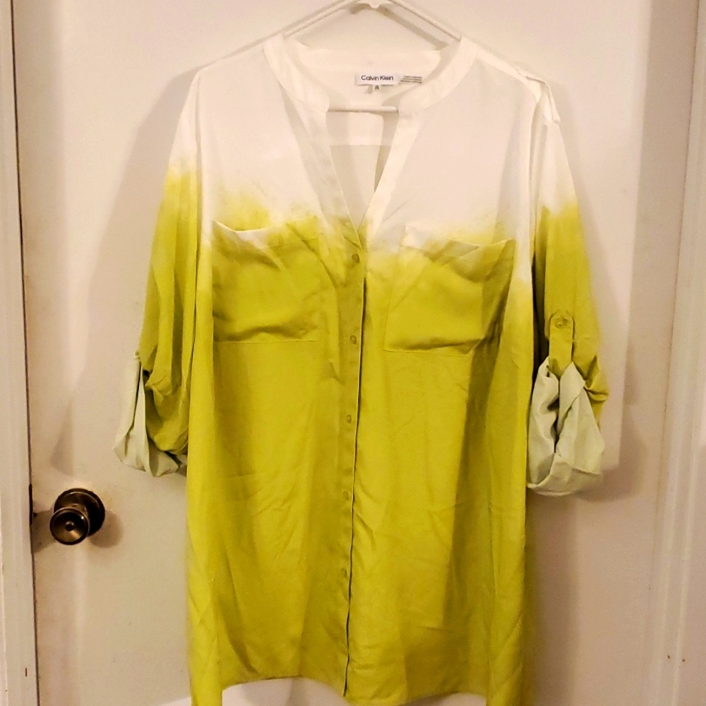 Calvin Klein 2x lime green and white roll sleeve blouse